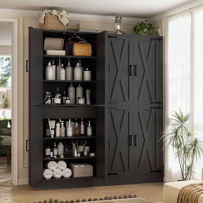 Unikito 71" Tall Kitchen Pantry Cabinet with Farmhouse Barn Doors and Storage Drawer, 4 Adjustable Shelves, Freestanding Cupboard for Kitchen, Dining Room, Living Room, Utility Room, Black 2 Pack