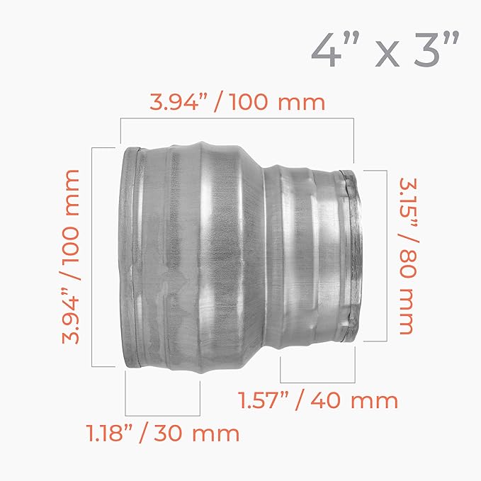 4" to 3" Inch Round Duct Reducer - Male Fit Galvanized Steel Pipe Increaser - Coupling for Round Duct Ventilation Systems - Heating & Cooling HVAC - Vent Pipe Adapter, Duct Connector