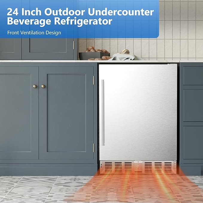 24 Inch Under Counter Beverage Refrigerator, Built-in and Freestanding Beverage Fridge Cooler 180 Cans with Stainless Steel Seamless Door, Powerful Cooling Compressor for Patio Kitchen, Commercial Use