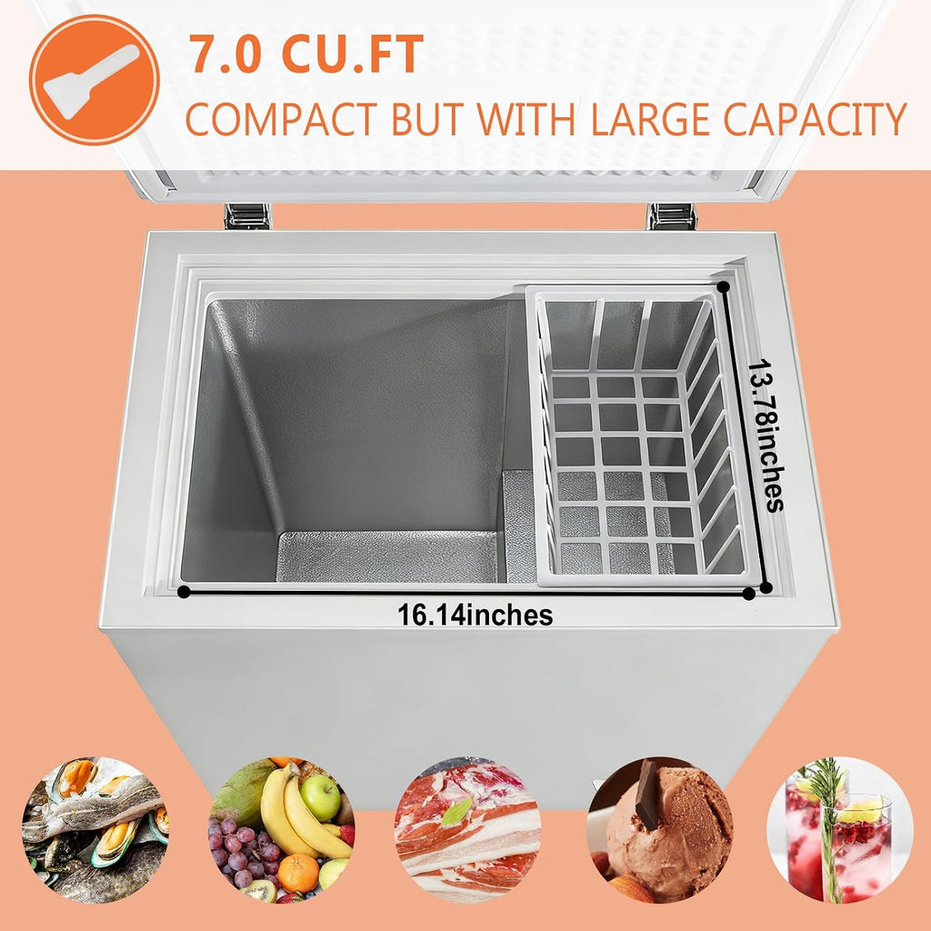 7.0 Cu.Ft Compact Chest Freezer with Removable Basket, Krib Bling Top Door Open Freestanding Deep Freezer with 7 Gears Temperature Adjustment, Ideal for Home, Kitchen & Office, White