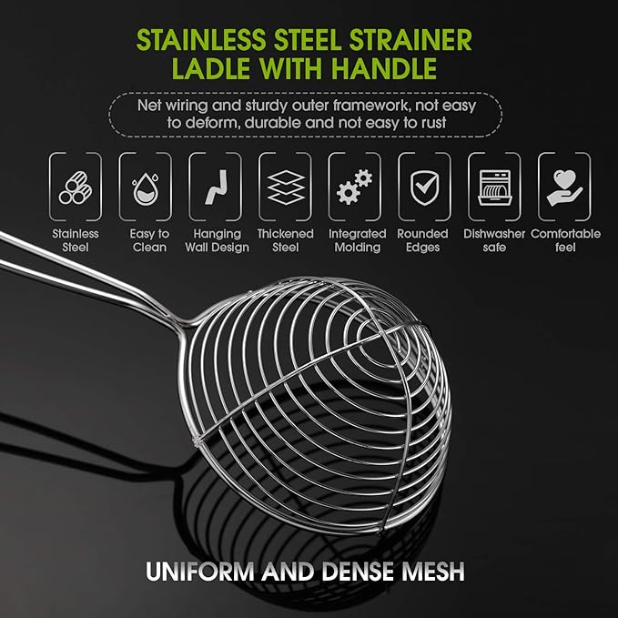 Geiserailie 6 Pieces 6 Pieces Hot Pot Kit Strainer Scoops Stainless Steel 2.5 Inch Mini Spider Strainer Skimmer Pasta Mesh Spoon Asian Skimmer Spoon Ladle with Handle for Home (Black)