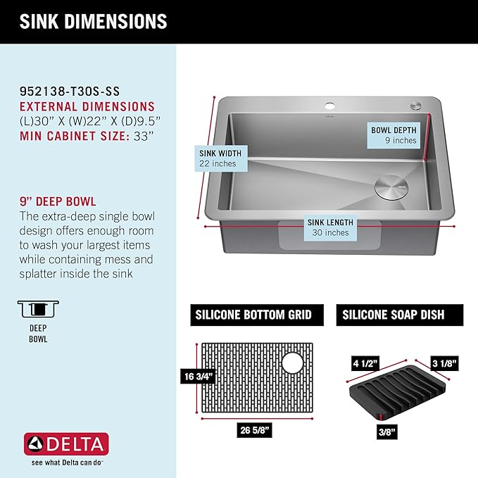 DELTA FAUCET Delta Marca 30 inch Drop-In Undermount Stainless Steel Single Bowl Kitchen Sink with Accessories