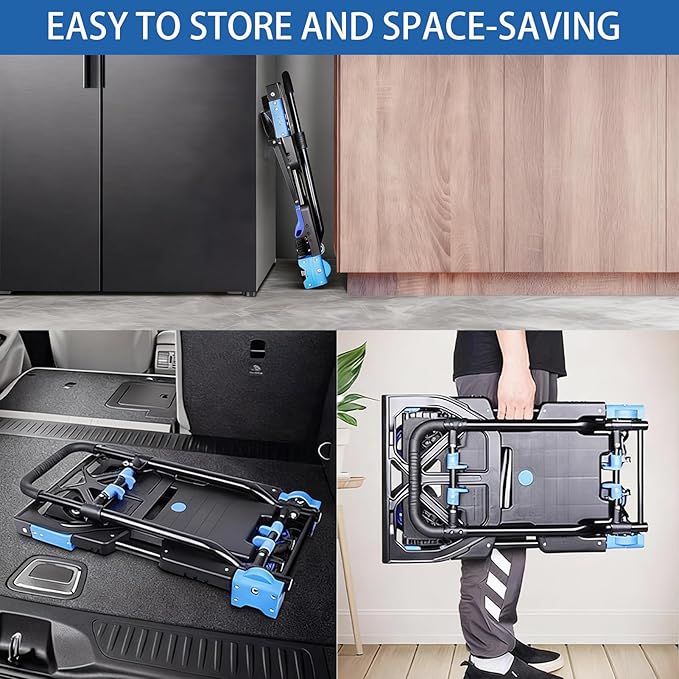 Folding Hand Truck Dolly Capacity Collapsible Heavy Duty Utility Cart with Adjustable Handle Convertible Trolley for Luggage Moving Camping Home Office (Blue, 65cm*46cm*92cm)