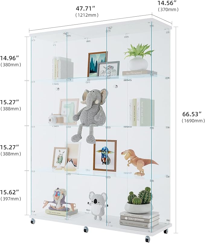 Yoluckea 4 Shelves Glass Display Cabinet Extra Large, Floor Standing Clear Glass Curio Cabinet Collection Display Case for Living Room Bedroom 66.14” x 47.64” x 14.57” White