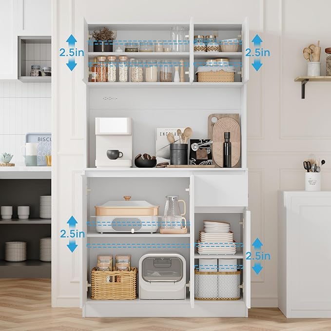 71" Tall White Kitchen Pantry Cabinet with 6 Doors & Power Outlet, Freestanding Storage Hutch with Countertop, Adjustable Shelves for Dining Room, Laundry Room