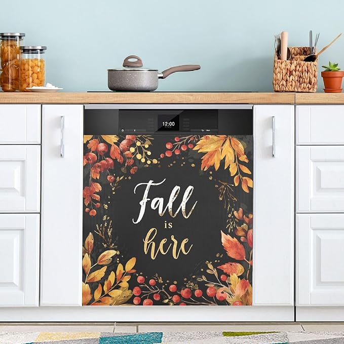 Fall Black Leaves Dishwasher Magnet Cover Front Door Magnetic Dishwasher Cover Decorative Refrigerator Magnet Covers Appliances Stickers for Home Kitchen Decor, 23" x 26"