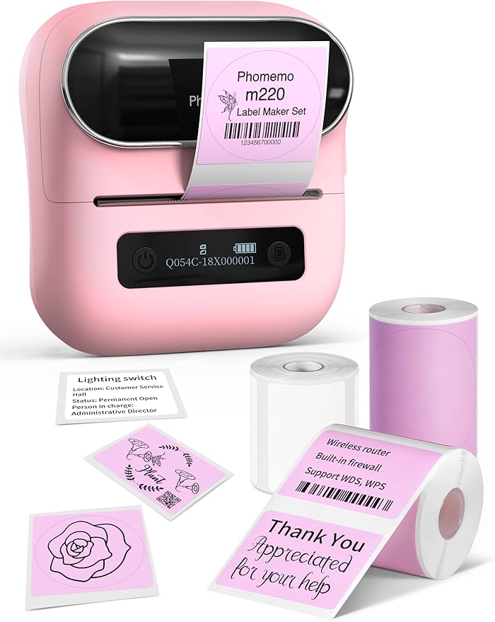 Phomemo M220 Label Maker, 3.14 Inch Bluetooth Thermal Label Printer, Compatible with Phone & PC, for Barcode, Address, Mailing, Home,Office,School