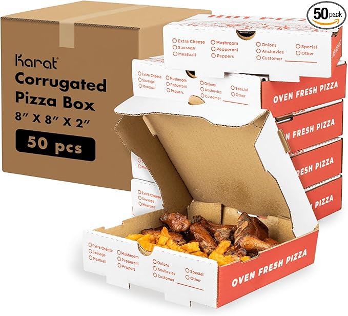 Karat Pizza Boxes 8" x 8" [50 Pack] Classic Red Print Corrugated Boxes | Ventilated, Grease-Resistant, Durable for Pizza or Mailing Use