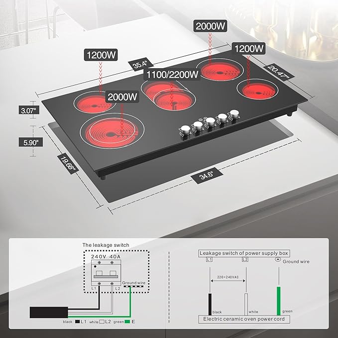 VBGK Electric cooktop 36 inch,240V 8600W 36 inch Induction Cooktop,Built-in and Countertop Electric Stove Top,Knob Control 9 Heating Level Timer & Kid Safety Lock