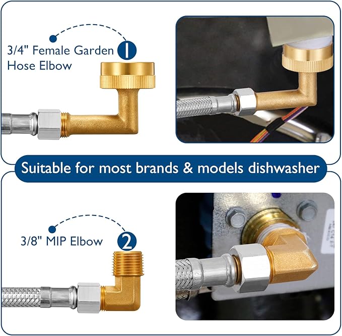 Dishwasher Installation Kit - 15 FT Stainless Steel Braided Dishwasher Hose kit,Food Grade PEX Inner Tube Water Line with 3/8"x 3/8"x 3/8" Tee Stop Valve,3/8"x 3/8"MIP Elbow,3/8"x 3/4"FHT Elbow