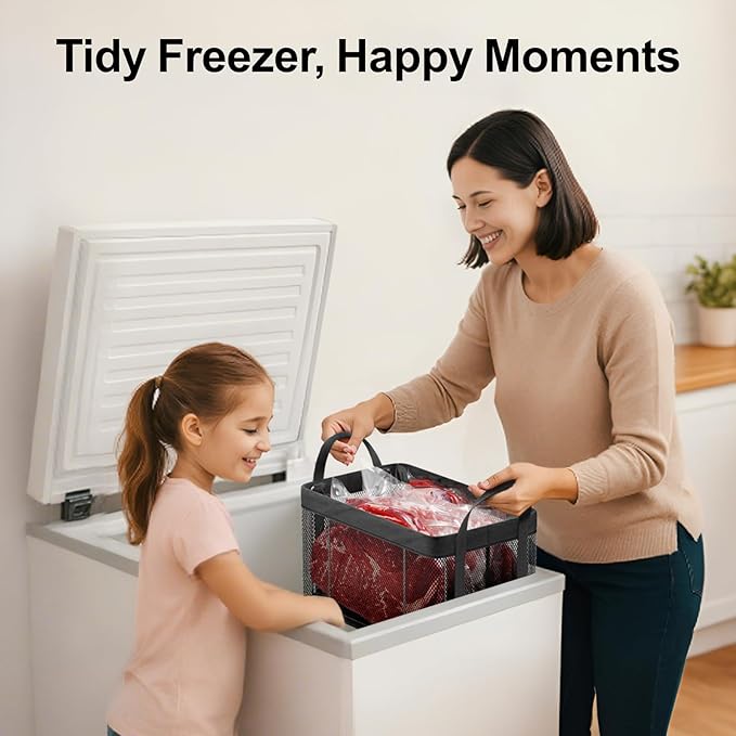 iSPECLE Freezer Organizer Bins - 3 Pack Large Stackable Deep Freezer Organizer Bins for 5 to 7 Cu.Ft Chest Freezers Easy Get Foods without Digging, Faster Freezing Better Freshness, Black