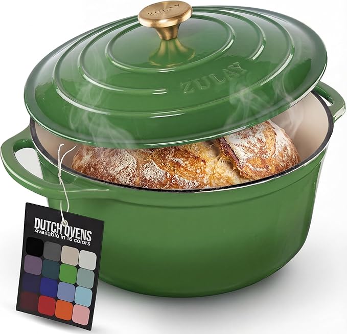 Zulay Kitchen 5 Quart Enameled Cast Iron Dutch Oven Pot with Lid – Premium Durability & Oven Safe up to 500°F – Heavy Duty Cookware Perfect for Bread Baking, Stews, Braising & Roasting – Green