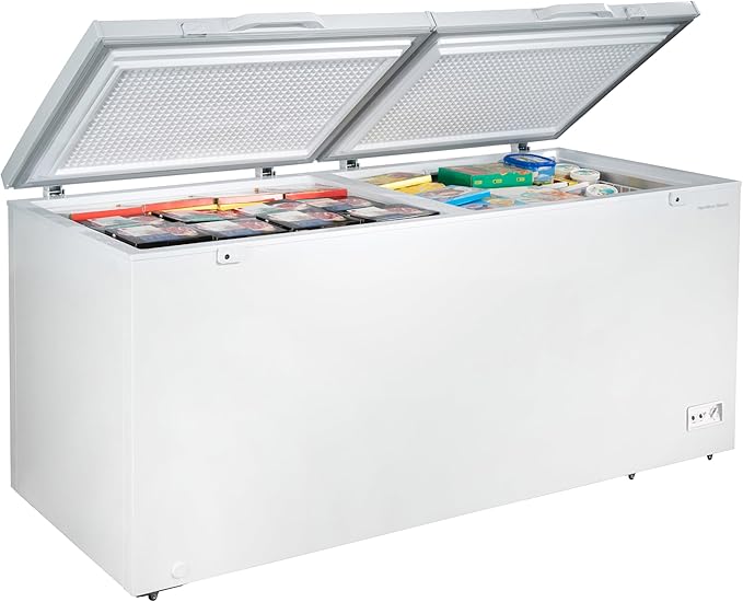 Hamilton Beach HBFRF2129 21 cu ft Double Door LID Garage-Ready Chest Freezer-White, Vinyl-Coated Baskets, Space-Saving Flat Back, Stay-Open, Front-Access Drain, for Storage, Hunting, Large Family