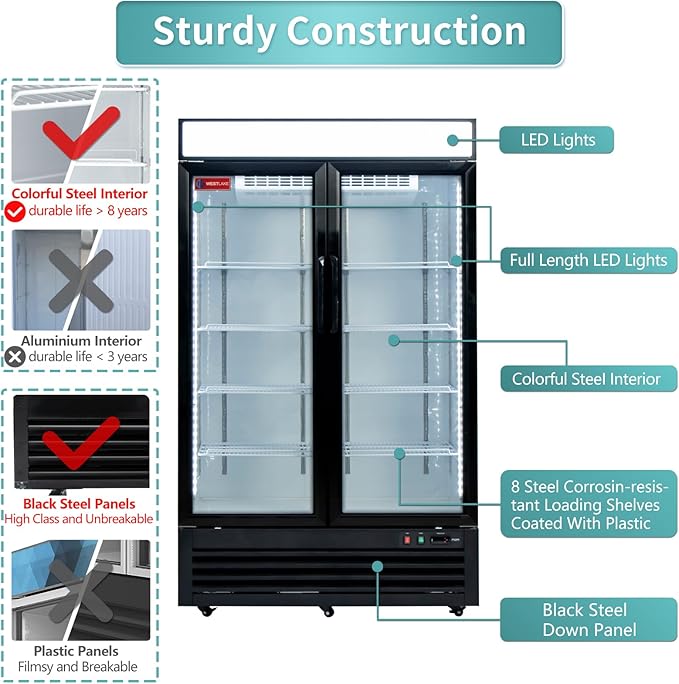 WESTLAKE 48" W Merchandiser Commercial Display Refrigerator 2 Glass Door 2 Section Reach-in Glass Door Upright Fan Cooling 36 Cu.ft Cooler for Restaurant, Bar, Shop, etc