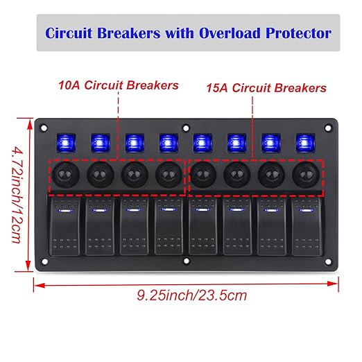 8 Gang Boat Rocker Switch Panel Marine Switch Panel Waterproof Marine Toggle Switches ON/Off with Circuit Breaker for Car RV Truck Automotive 12V-24V