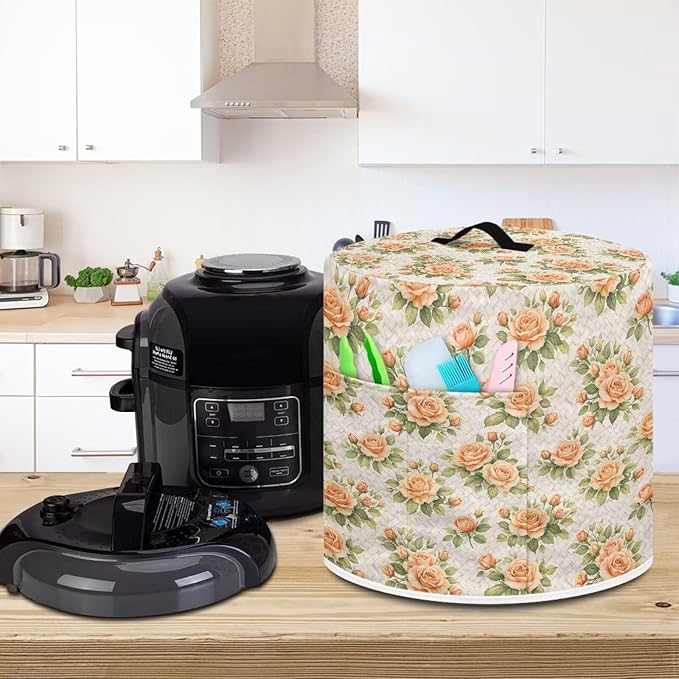 Xoenoiee Peach-colored Roses Print Kitchen Appliance Dust Cover with Pockets, Electric Pressure Cooker Cover Compatible with Crock Pot, Rice Cooker Covers, for 3 Qt