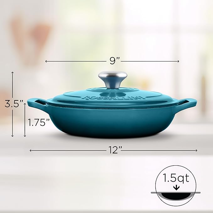Signature Enameled Cast Iron Braiser, Non-Stick Serving Pot with Tight Fitting Lid for Perfect Roasting, Baking, Sauteing, Searing, and Pan Frying | 1.5Q (1.4L) - Ocean Blue