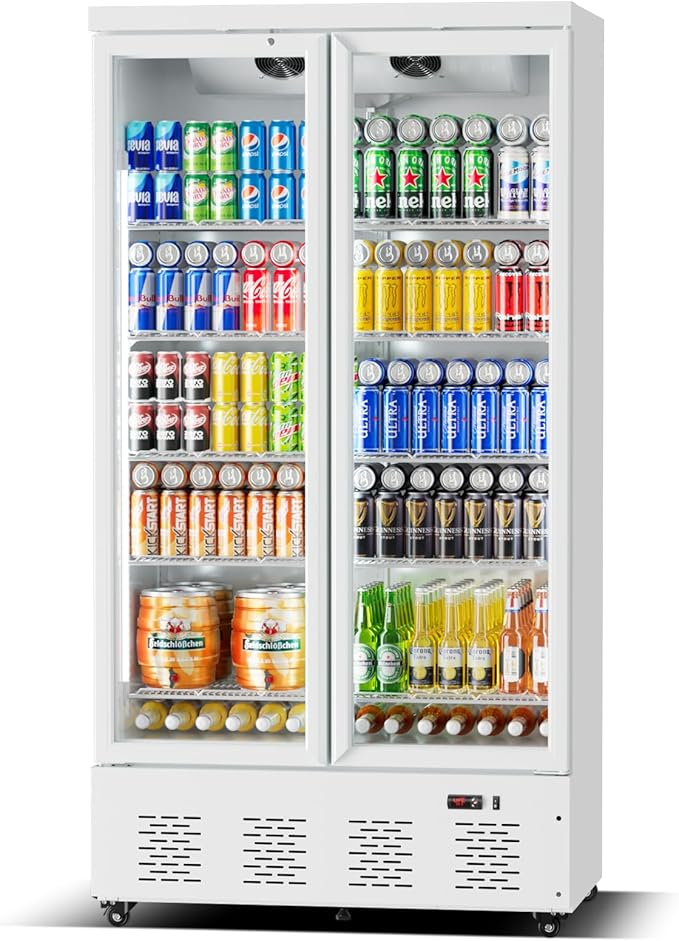 30.5 Cu.Ft White Commercial Refrigerators 2 Glass Door Commercial Beverage Refrigerators Upright Display Cooler with Soft LED Light and 10 Adjustable Shelves for Restaurant Grocery Stores Home