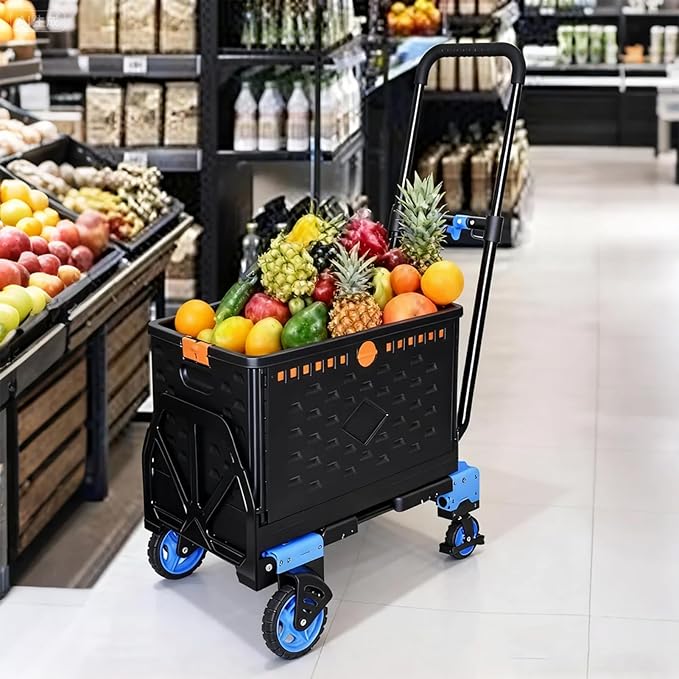 Folding Hand Truck Dolly Capacity Collapsible Heavy Duty Utility Cart with Adjustable Handle Convertible Trolley for Luggage Moving Camping Home Office (Blue Storage Bin Set, Box 55cm*36cm*33cm)