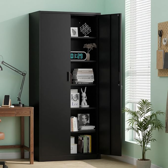 VINGLI Metal Garage Storage Cabinet with 2 Doors and 5 Adjustable Shelves, 71" Tall Steel Lockable File Cabinet, Locking Tool Cabinets for Home Office Garage Gym School (Black)