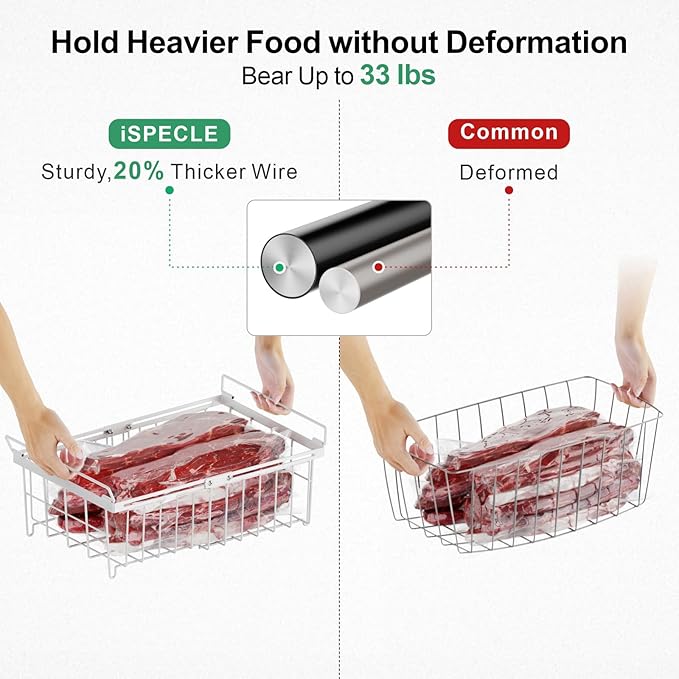 iSPECLE Freezer Organizer Bins for 10 to 20 Cu.Ft, 2 Pack Expandable Hanging Baskets Fit 17.5"-22.6" Width, Metal Wire Storage Racks for Deep Freeze, Not for Upright, White