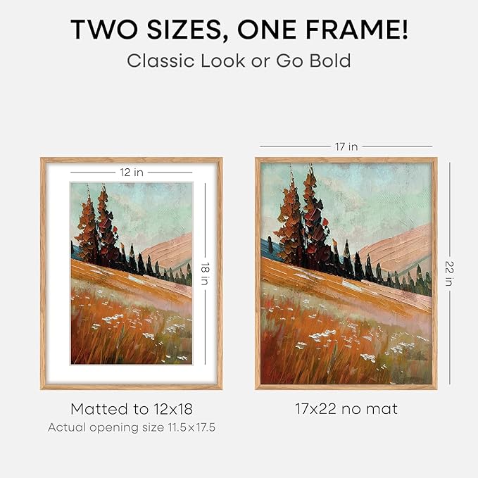 Homeforia 17x22 Picture Frame Natural Wood, High End Oak 17x22 Light Wooden Poster Frame with Mat 12x18, 17 x 22 Frames Matted to 12 x 18 Photo, 22x17 Hanging Frame, Tempered Glass, Wall Kit, Set of 1