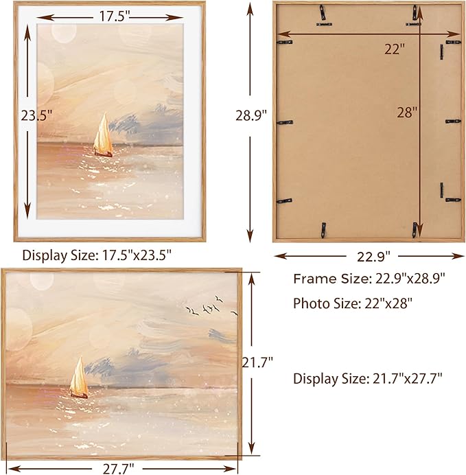 Fun Memories 22x28 Picture Frame, Natural Oak Wood 22 x 28 Poster Frames, Set of 2, 22x28 Frame Matted to 18x24, 22 by 28 Picture Frames with Tempered Glass, Oak Color