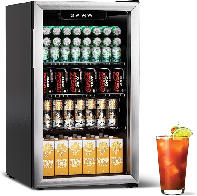 Stopasd Beverage Refrigerator Cooler, 3.0 Cu.Ft/105 Can Drink Fridge with Adjustable Shelves & Glass Door for Soda Wine Beer, Quiet Undercounter Small Fridge for Home/Office/Bar/Garage(37-61 ℉),Sliver
