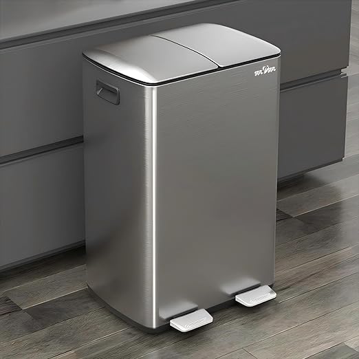 mVm Dual Trash Can, 16 Gal (2x8Gal) Kitchen Trash Can with Soft-Close Lid, Brushed Stainless Steel Recycling Bin for Home Office, Anti-Fingerprint (Silver)