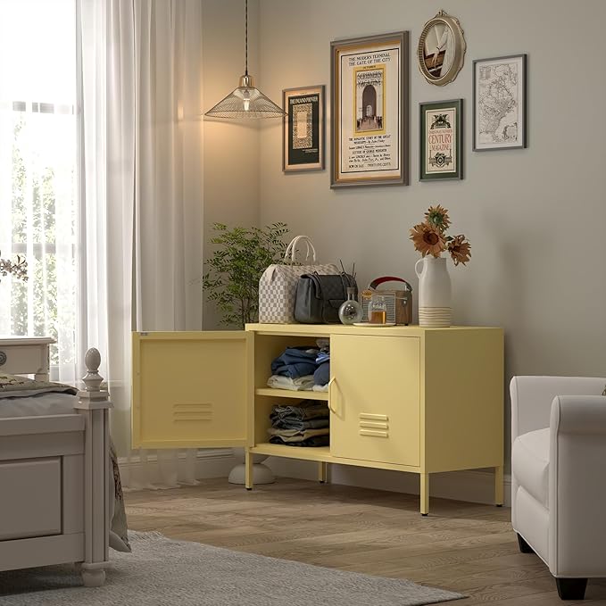 Storage Cabinet,Metal Cabinet with Doors,Morden TV Stands for Bedroom,Accent Cabinets for Bedroom,Entryway,Yellow