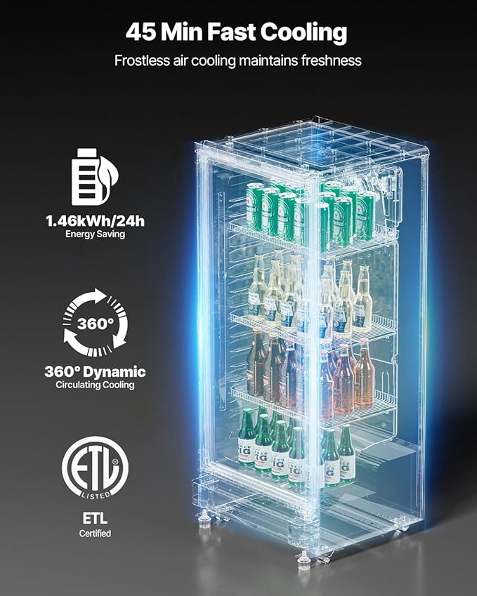 VEVOR Commercial Merchandiser Refrigerator, 5.7 CU.FT Glass Door Display Refrigerator Upright Fridge, Beverage Refrigerator Cooler Merchandiser with 3 Adjustable Shelves and Soft LED Light, Black