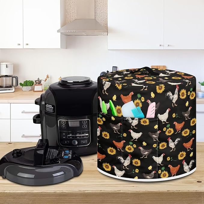 Insulated Pressure Cooker Appliance Cover, Also Fit for Rice Cooker, Air Fryer and Crock Pot, 3 Qt Dust Cover with Pocket for Spoon/Cooking Utensils/Recipes, Chicken Sunflower Black