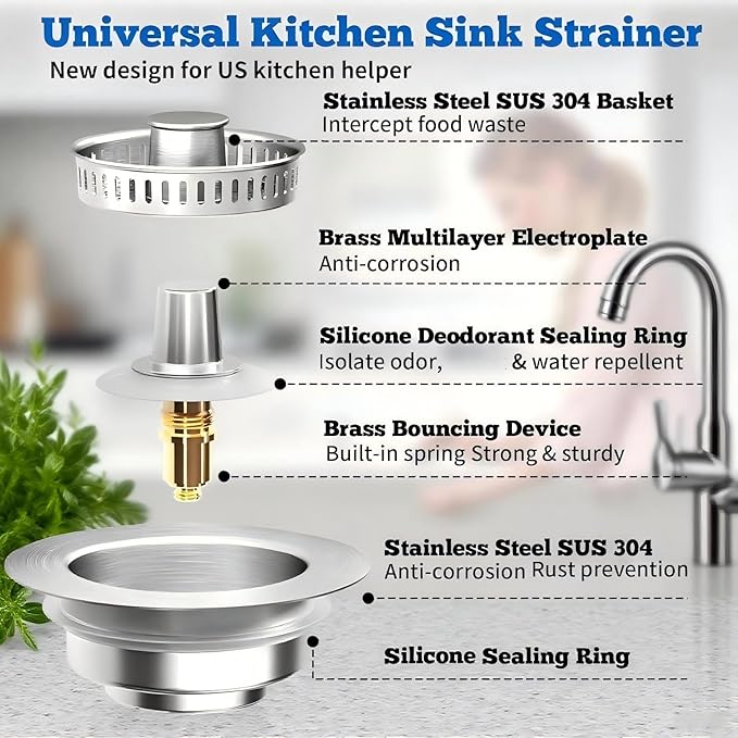 1Count 3-in-1 Kitchen Sink Drain Strainer & Stopper - SUS 304 Stainless Steel Pop Up Plug with Anti-Clog Basket & Odor Prevention, Fits US Standard 3-1/2'' Drain Hole