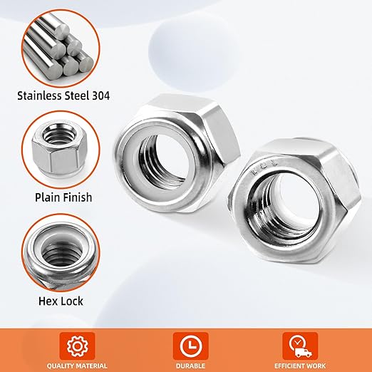MewuDecor #8 32 Nylon Insert Hex Lock Nuts Locknuts, 304 Stainless Steel 18-8, Bright Finish, 100 PCS