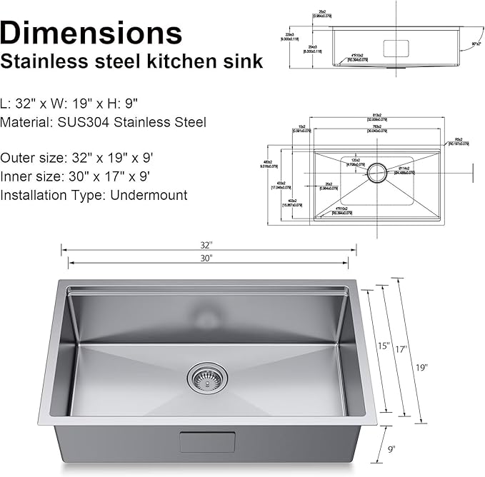 32 inch Undermount Handmade Workstation 18 Gauge Single Bowl Stainless Steel Kitchen Sink with Accessories