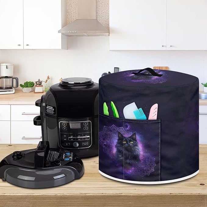 Xoenoiee Black Cat Boho Mandala Print Pressure Cooker Cover for Kitchen Appliance Dust Cover with Pockets for Rice Cooker Air Fryer Slow Cooker, for 3 Qt Pot
