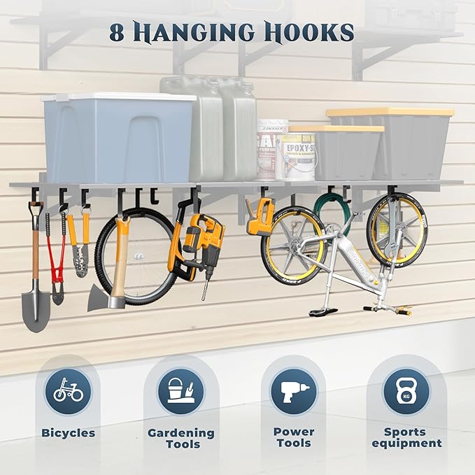 2-Pack 2x3ft Garage Shelving Wall Mounted, 2' x 3' Heavy Duty Garage Storage Shelves with Hooks, 500LB Capacity