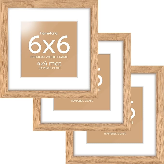 Homeforia 6x6 Picture Frames Wood, High-End Natural Oak 6 x 6 Square Frames with Mat 4 by 4 inch Photo, 6by6 Light Wooden Frames Matted to 4x4 Print, Tabletop Frame, Tempered Glass, Wall Kit, Set of 3