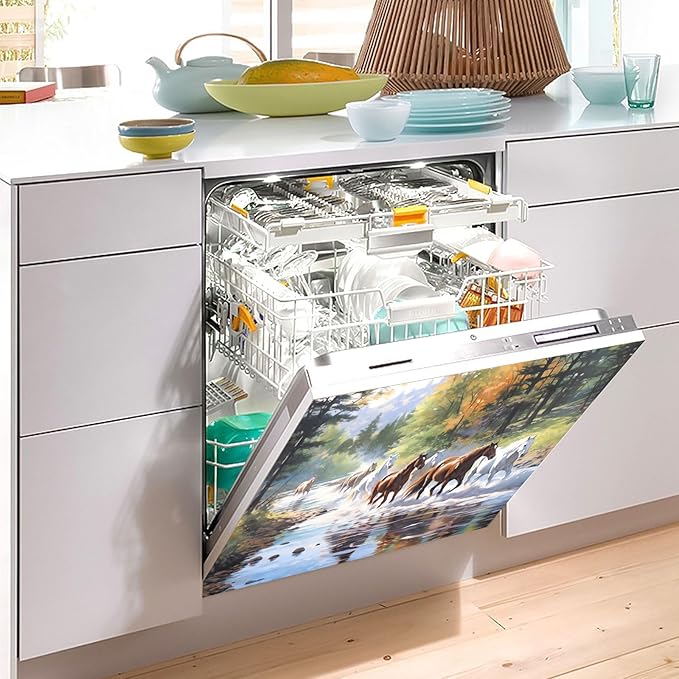 Dishwasher Magnet Cover, Horses Painting Magnet Sticker Fridge Panel Decal for Home Kitchen Decor, 23x26 in