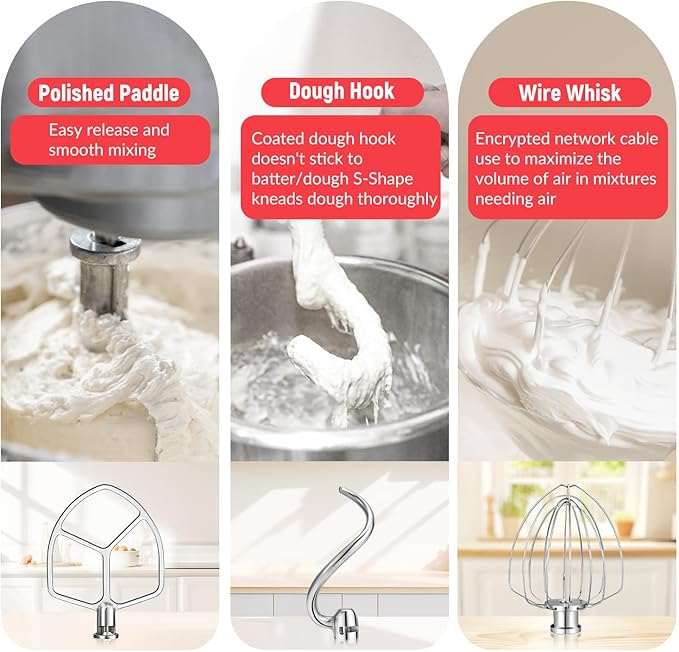 4-Piece Stainless Steel Accessory Set for KitchenAid 5-6 Qt Bowl-Lift Stand Mixers: 6-Wire Whip, Flat Beater & Spiral Dough Hook | Fits KP26, KL26, KB26, KSM55/60 | Heavy-Duty & Dishwasher Safe