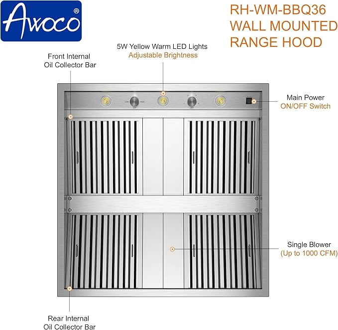 Awoco 36” Outdoor BBQ Vent Hood 17” High Type 304 Stainless Steel, 4 Speeds 1000 CFM, Adjustable LED Lights, 8” Round Top Vent with 24”H Chimney Cover