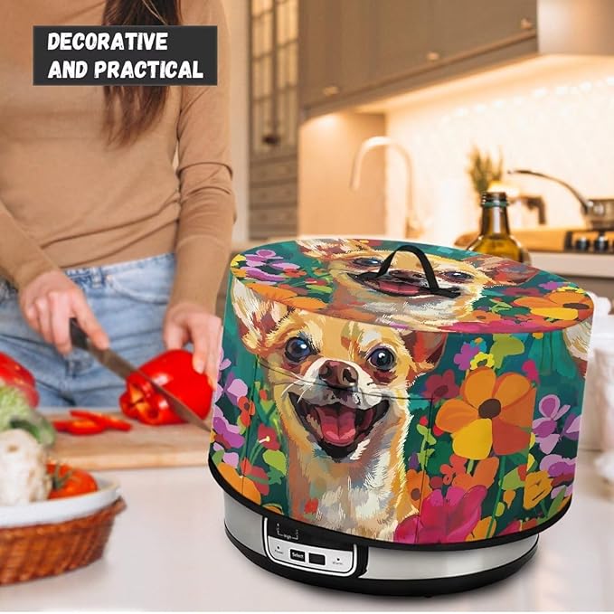 Chihuahua Dog Floral Oil Paint Print Slow Cooker Cover Fits 6/7/8 Quart Large Crock Pot Practical Electric Pressure Cooker Cover Keep Kitchen Clean and Easy to Use, 16 x 14 x 9.6 inch