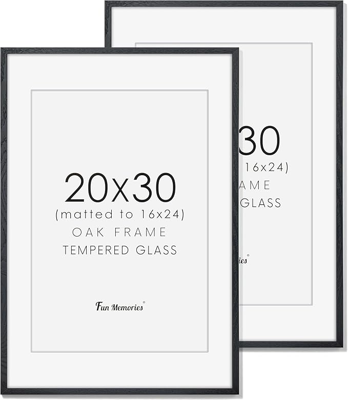 Fun Memories 20x30 Black Picture Frames 2 Pack, Solid Oak Wood Large 20"x30" Poster Frames for Home Decor, Rustic Wooden Frame with Tempered Glass, 20 x 30 Frame Matted to 16 x 24