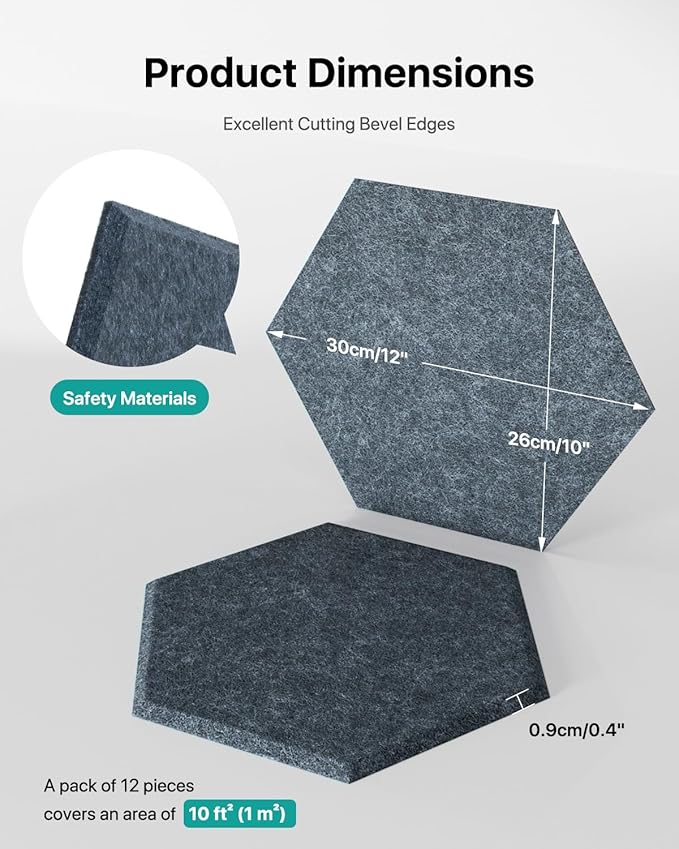 Soundsbay Acoustic Panels, 18 Pack Hexagon Soundproof Wall Panels High Density Sound Absorbing Panel, Sound Proof Foam Panels for Walls, Office, Reccording Studio, Ceiling 12" X 10" X 0.4", Dark Gray
