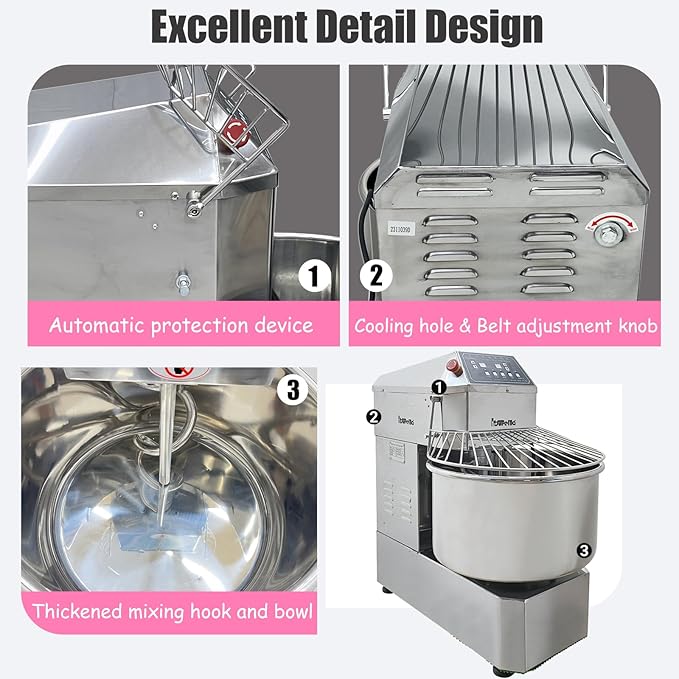 INTSUPERMAI Commercial Dough Mixer, 50QT Stand Flour Mixing Machine, Double Action Double Speed, with A Dough Cutter, 110V/2200W Electric Food Stand Spiral Mixer
