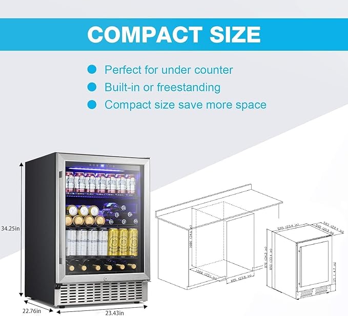 Antarctic Star 24 Inch Beverage Refrigerator, 180 Cans Capacity Built-in Beverage Cooler- Fit Perfectly into 24" Space Built in Counter or Freestanding-for Soda, Water, Wine-For Kitchen, Bar or Office