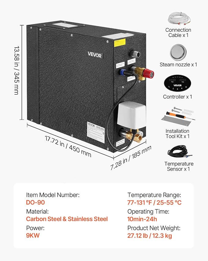 VEVOR Steam Generator, 9 kW Steam Shower System with Controller for Home Sauna Bath Spa, Commercial Auto Drain Kit with Overheat, Dry-Run & Overpressure Protection, 10 Min to 24h Efficient, Black