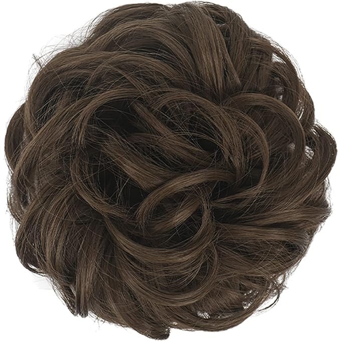 FESHFEN Large Messy Bun Hair Piece - Wavy Synthetic Chignon Scrunchies Elastic Ponytail Hair Extensions Thick Hairpieces for Women, Golden Brown 1.94oz