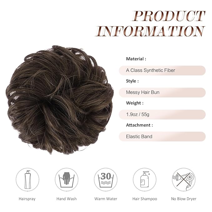 FESHFEN Large Messy Bun Hair Piece - Wavy Synthetic Chignon Scrunchies Elastic Ponytail Hair Extensions Thick Hairpieces for Women, Mixed Chocolate Brown 1.94oz