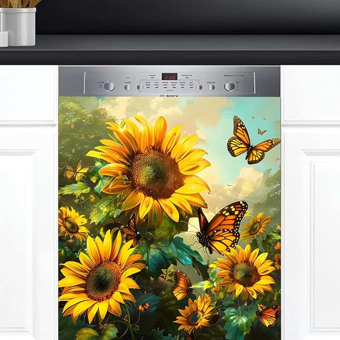 Sunflower Butterfly Dishwasher Magnet Cover Flower Animal Sunflower Dishwasher Decorative Cover Front Dishwasher Door Cover Reuseable Dishwasher Cover Panel Decal for Kitchen Home Appliances 23" X 26"